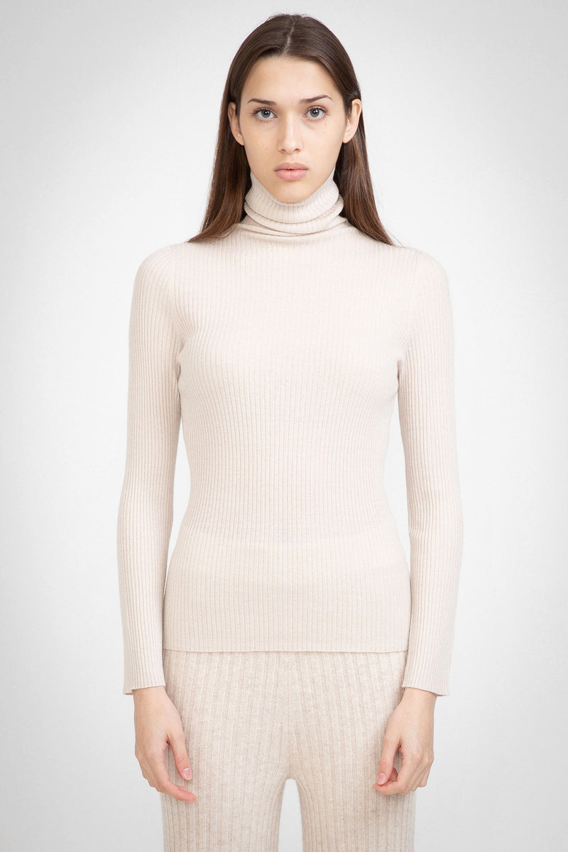 N.32 ALEGER Cashmere Blend Skinny Rib Polo Sweater - LIGHT SHELL