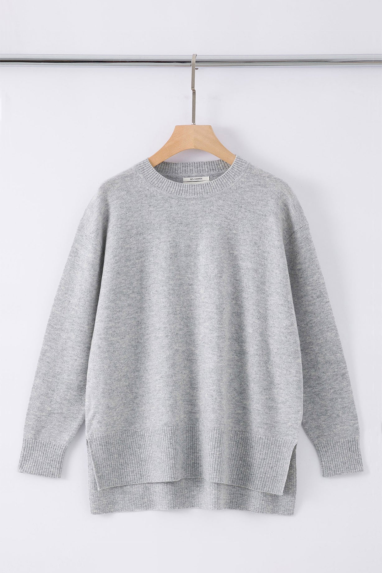 N.39 ALEGER 100% Cashmere High Low Hem Crew - POLAR GREY