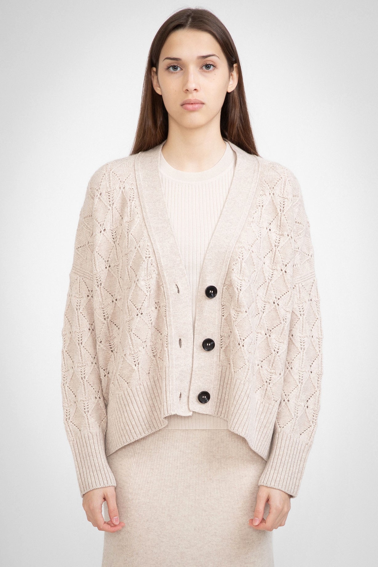 N.101 CASHMERE BLEND DIAMOND DETAIL HI-LO CARDIGAN - OATS