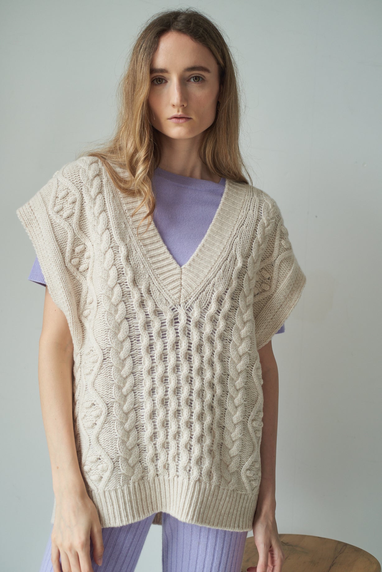 N.105 CASHMERE BLEND DEEP V CABLE VEST -SHELL - Restocked!