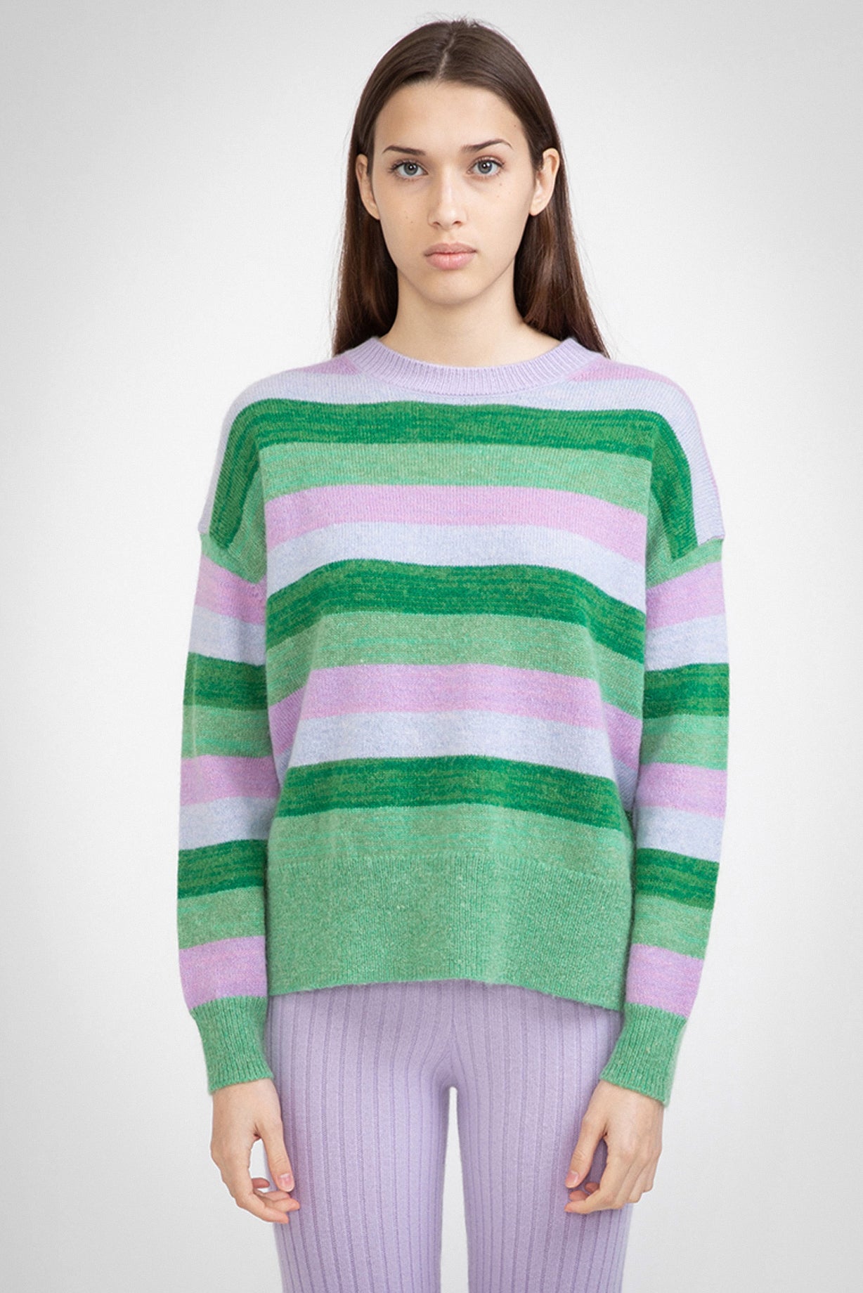 N.118 CASHMERE BLEND MULTI-STRIPE MOHAIR CREW - ABSENTHE - XS, S left