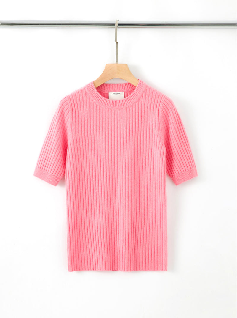 N.48 100% CASHMERE SHORT SLEEVE T - FLAMINGO -  Only S Left