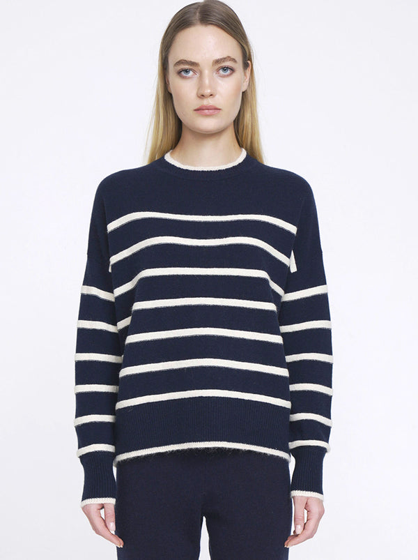 N.24 CASHMERE BLEND TURTLE NECK MOHAIR STRIPE SWEATER - MIDNIGHT - Only XS, L Left